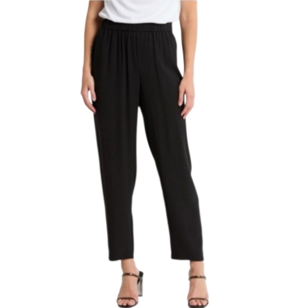 Eileen Fisher 100% Silk High Waist PullOn Ankle Pant Black Pockets Size Large
